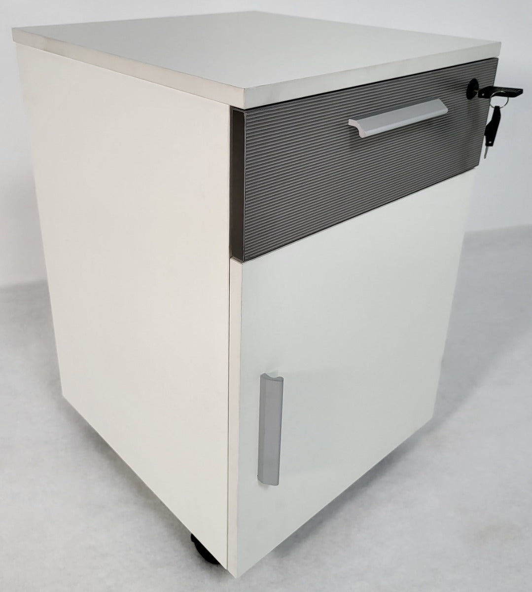 White and Grey Stripe Mobile Pedestal - One Drawer and One Door - H0101
